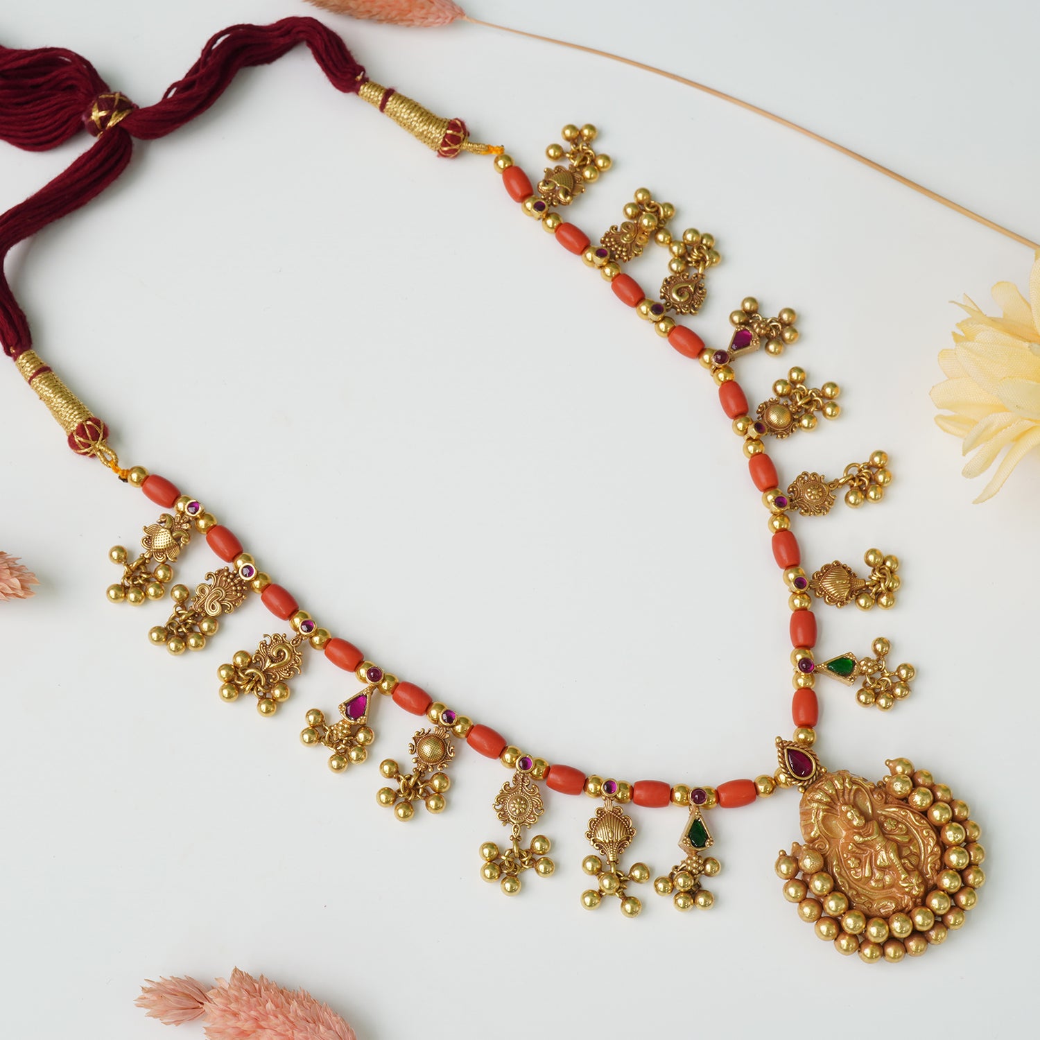 Pure Silver Antique Gold Plated Kolhapuri Saaj With Paula Coral Beads