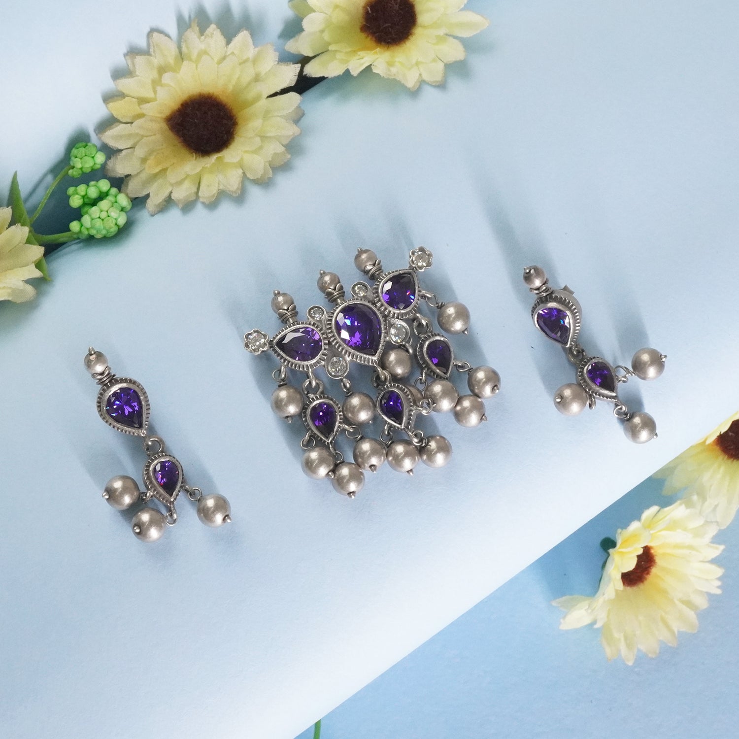 Shop Online Silver tanmani pendant with silver beads - amethyst