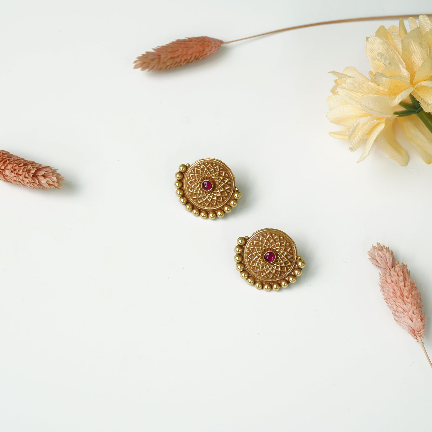 Pure Silver Antique Gold Plated Flower Earrings