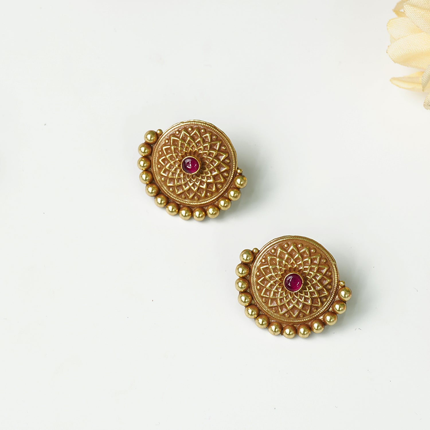 Pure Silver Antique Gold Plated Flower Earrings