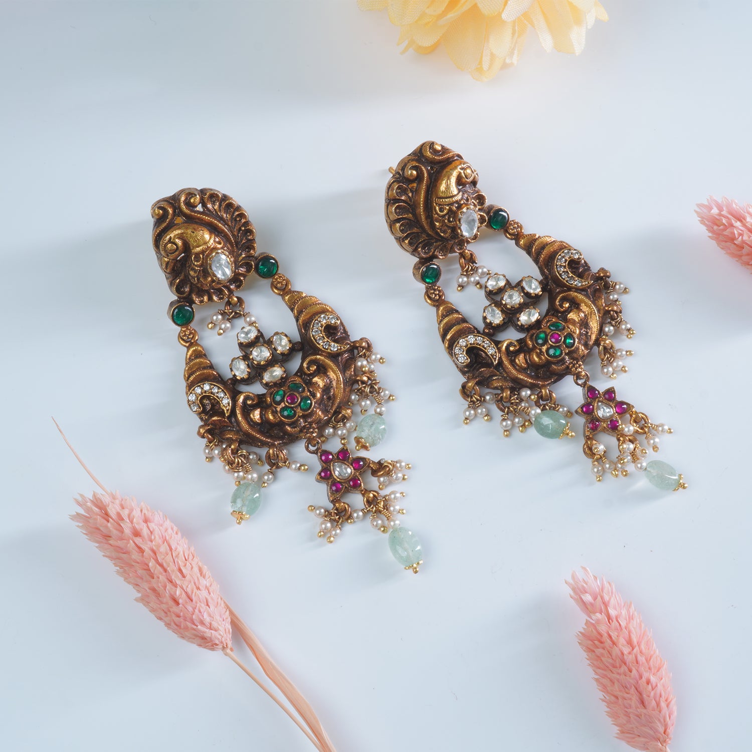 Silver Antique Gold Plated Kundan Chandbali With White Peacock