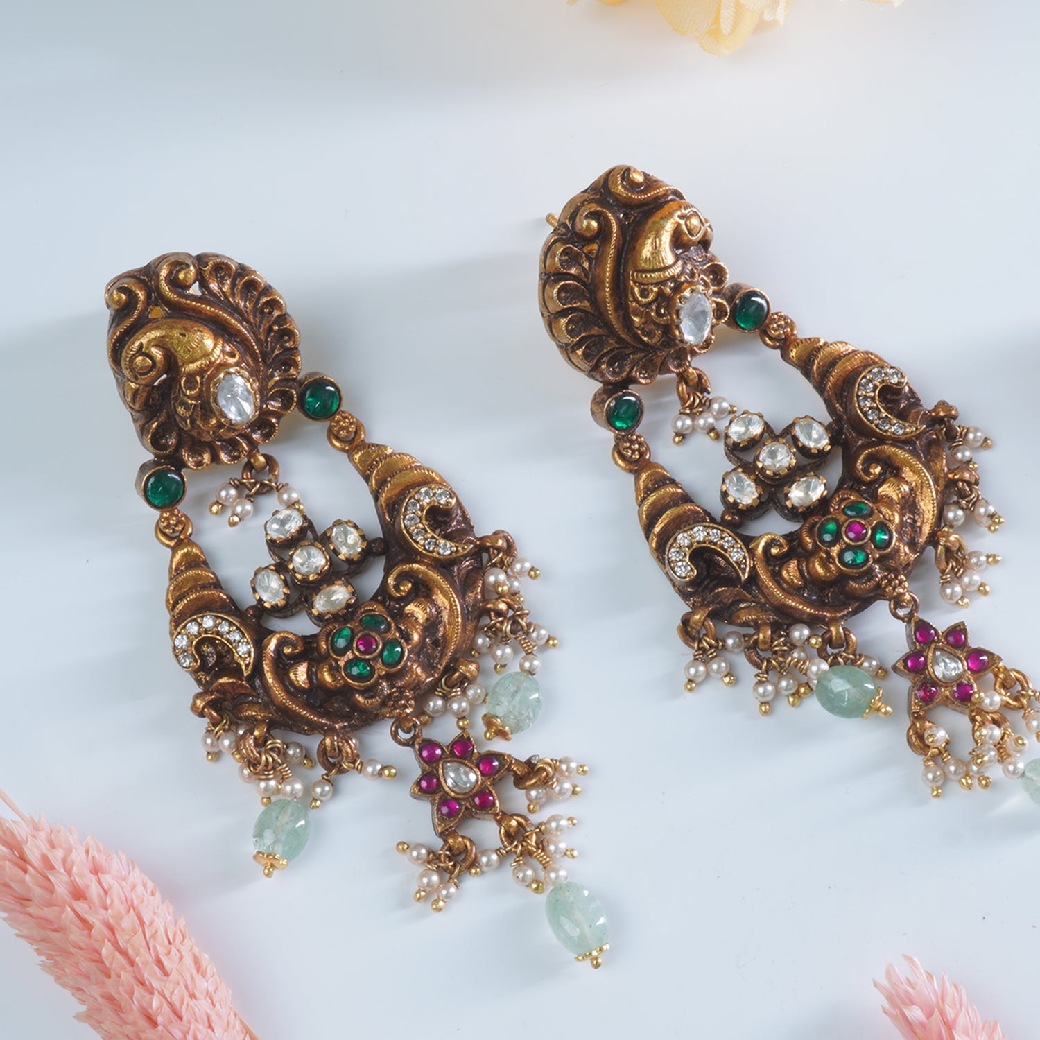 Silver Antique Gold Plated Kundan Chandbali With White Peacock