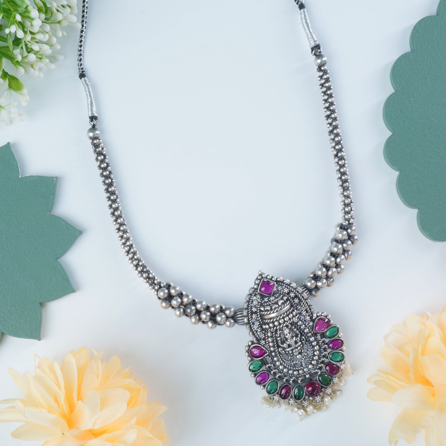 Pure Silver Thushi Necklace With Kemp Laxmi Pendant