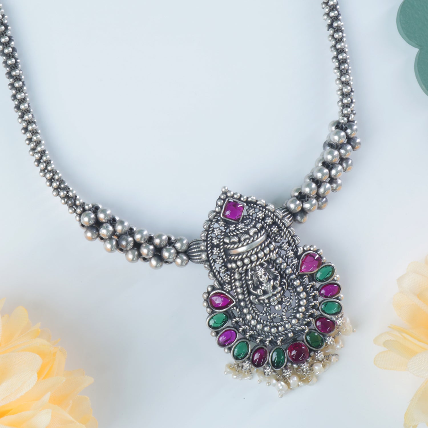 Pure Silver Thushi Necklace With Kemp Laxmi Pendant