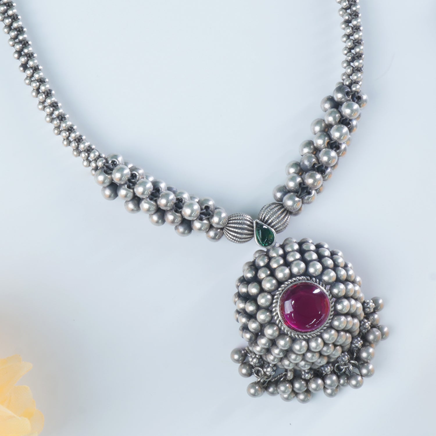 Pure Silver Thushi Necklace With Traditional Saaj Ghat Pendant